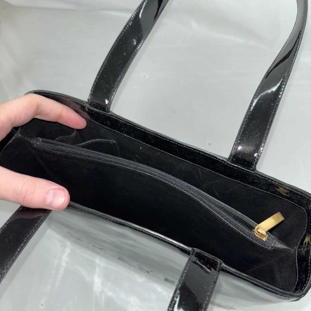 Authentic Chanel Black Patent Logo Tote Bag